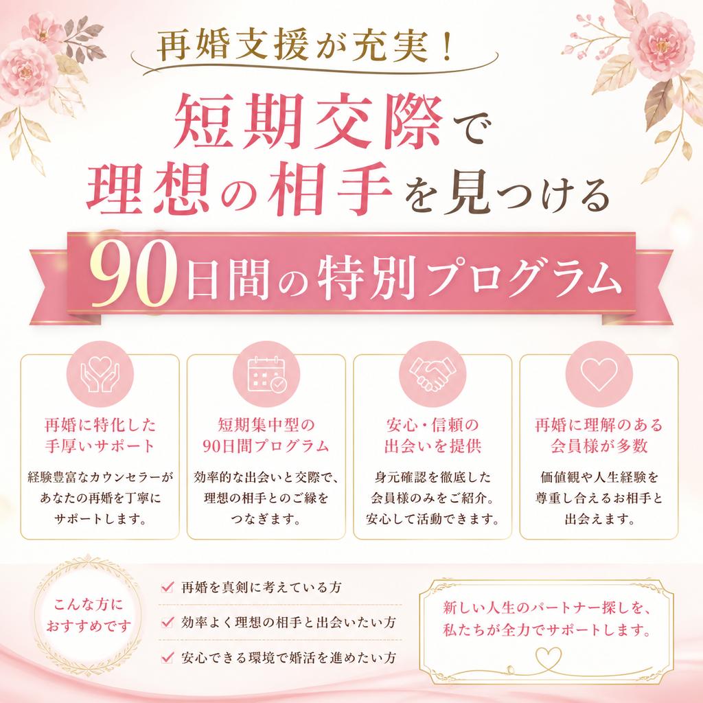 再婚支援が充実！短期交際で理想の相手を見つける90日間の特別プログラム